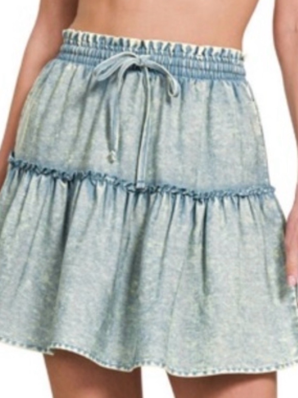 Zenana Washed Denim Tiered Mini Skirt with Drawstring